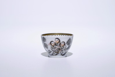 Six Chinese miniature grisaille cups and saucers with jesuits, Qianlong
