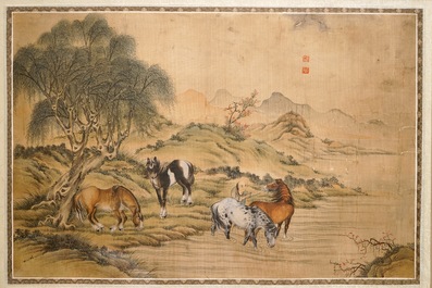 Une paire de peintures chinoises sur soie au sujet "Les huit chevaux de Mu Wang", 19/20&egrave;me