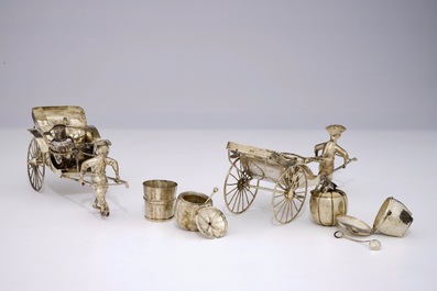 A pair of Chinese silver rickshaw-shaped pepper and salt shakers with a mustard container, 19th C.