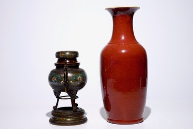 A Chinese monochrome oxblood vase and a bronze incense burner, 19th C.