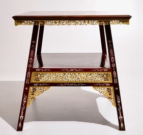 A Chinese parcel-gilt and sculpted wood table with bone inlay, 20th C.