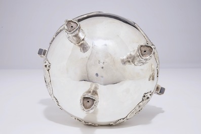 A Chinese silver tripod incense burner and cover with dragons, 19th C.