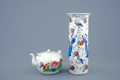 Five Chinese famille rose and blue and white vases, a teapot and a Canton rose brushpot, 19/20th