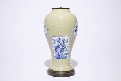 A Chinese blue and white on carved celadon-glazed ground vase, mounted as lamp, Kangxi