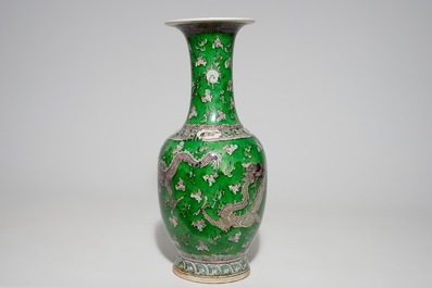 A Chinese green ground dragon vase, a small rouleau vase and a verte biscuit figure, 19th C.