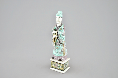 A Chinese green ground dragon vase, a small rouleau vase and a verte biscuit figure, 19th C.