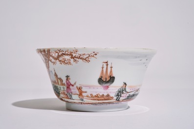 A Chinese famille rose export bowl with a harbour scene, Qianlong