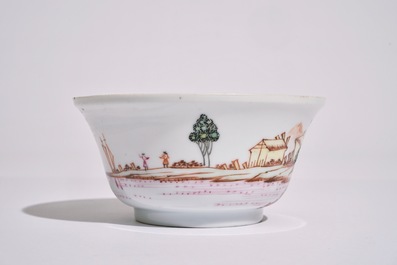 A Chinese famille rose export bowl with a harbour scene, Qianlong