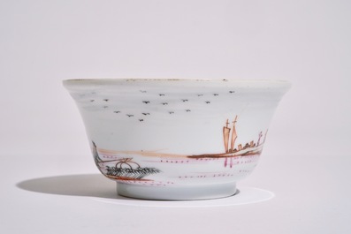 A Chinese famille rose export bowl with a harbour scene, Qianlong