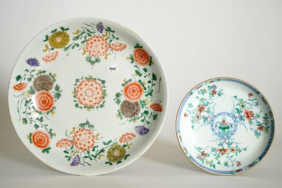 A Chinese famille verte dish and a doucai plate, Kangxi, and a ginger jar, 19th C.