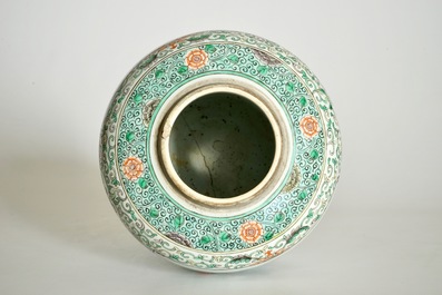 A Chinese famille verte dish and a doucai plate, Kangxi, and a ginger jar, 19th C.
