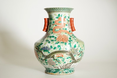 A large Chinese famille verte hu-shaped "Dragon" vase, 19th C.