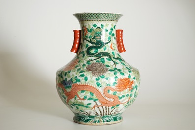 A large Chinese famille verte hu-shaped "Dragon" vase, 19th C.
