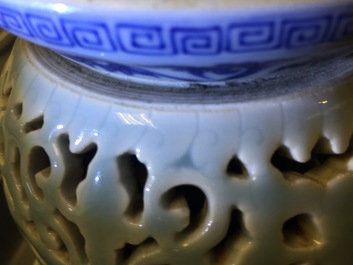 A rare blue, white and lavender-glazed reticulated revolving zhadou spittoon, Qianlong mark, 19/20th C.