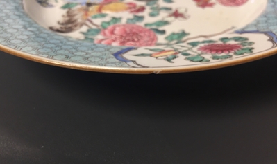 A pair of Chinese famille rose cockerel plates, Yongzheng