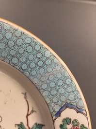 A pair of Chinese famille rose cockerel plates, Yongzheng
