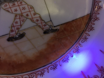 A polychrome Chinese "South Sea bubble" plate with a harlequin, Kangxi/Yongzheng