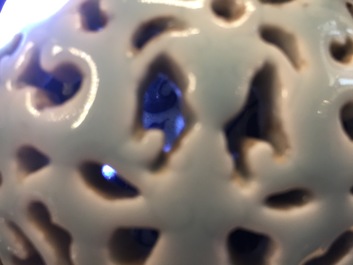 A rare blue, white and lavender-glazed reticulated revolving zhadou spittoon, Qianlong mark, 19/20th C.