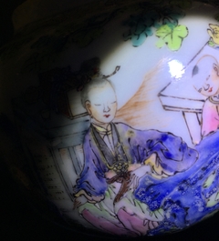 A fine Chinese famille rose teapot on stand with a lady and two boys, Yongzheng
