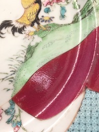 A pair of Chinese famille rose ruby ground rooster plates, Yongzheng