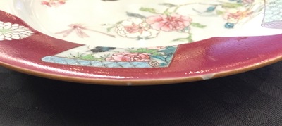 A pair of Chinese famille rose ruby ground rooster plates, Yongzheng