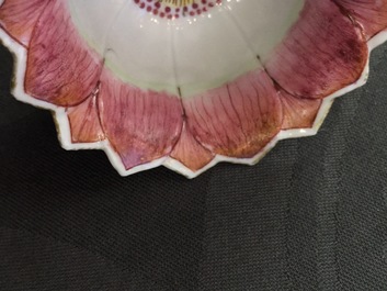 A pair of Chinese famille rose lotus-shaped cups and saucers, Yongzheng