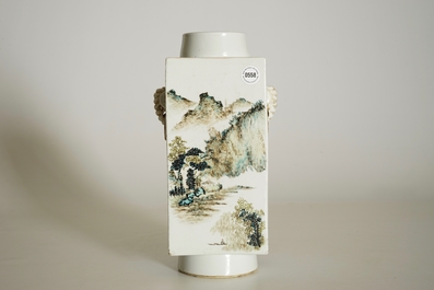 A Chinese square qianjiang cai vase with landscape designs, 20th C.
