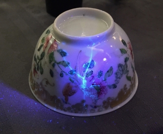 A fine Chinese famille rose milk jug and a cup and saucer, Yongzheng/Qianlong