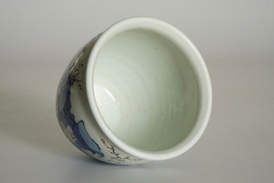 A Chinese wucai brush pot on wooden stand, Transitional period