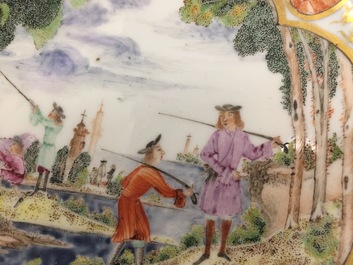 A Chinese Imari Cornelis Pronk: &ldquo;Dames au Parasol" plate and a Meissen-style plate with a hunting scene, Qianlong