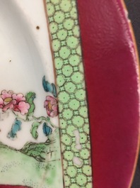 A pair of Chinese famille rose ruby ground rooster plates, Yongzheng