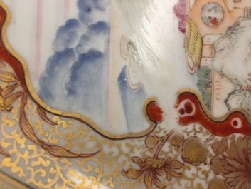 A large Chinese famille rose and gilt dish with a fine landscape, Yongzheng/Qianlong