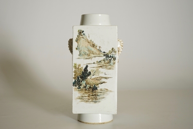 A Chinese square qianjiang cai vase with landscape designs, 20th C.