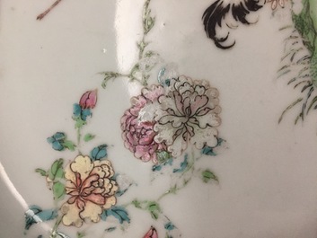A pair of Chinese famille rose ruby ground rooster plates, Yongzheng