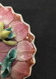 A pair of Chinese famille rose lotus-shaped cups and saucers, Yongzheng