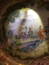 A Chinese Imari Cornelis Pronk: &ldquo;Dames au Parasol" plate and a Meissen-style plate with a hunting scene, Qianlong
