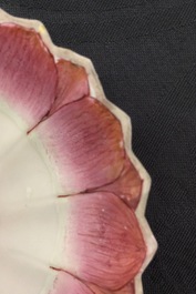 A pair of Chinese famille rose lotus-shaped cups and saucers, Yongzheng