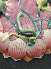 A pair of Chinese famille rose lotus-shaped cups and saucers, Yongzheng