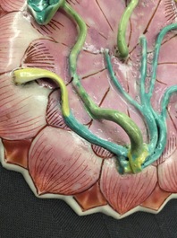 A pair of Chinese famille rose lotus-shaped cups and saucers, Yongzheng