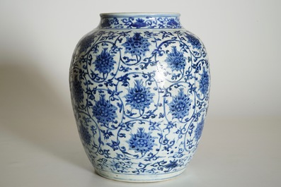 A Chinese blue and white lotus scroll vase, Ming, Wanli