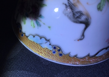 A Chinese famille rose cup and saucer with two egrets, Yongzheng