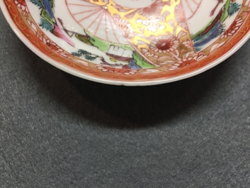 Three Chinese famille rose cups and saucers with roosters, Yongzheng