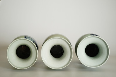 Three tall Chinese blue and white on celadon ground vases, 19th C.