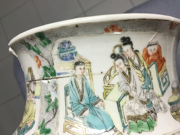 A Chinese Canton famille verte vase, a famille rose flowerpot and a baluster vase, 18/19th C