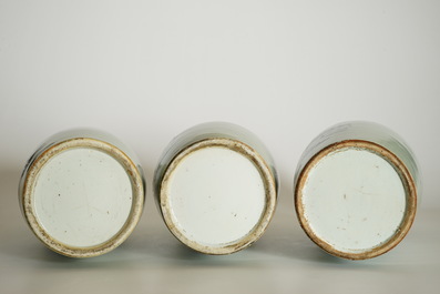 Three tall Chinese blue and white on celadon ground vases, 19th C.