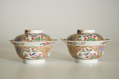 A fine pair of Chinese famille rose bowls and covers, Yongzheng