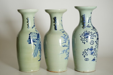 Three tall Chinese blue and white on celadon ground vases, 19th C.