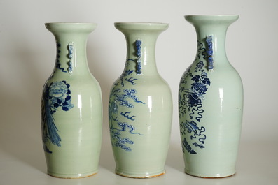 Three tall Chinese blue and white on celadon ground vases, 19th C.