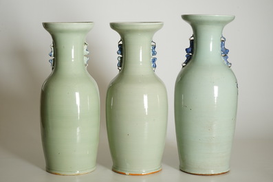 Three tall Chinese blue and white on celadon ground vases, 19th C.