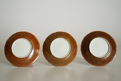 Six Chinese blue and white on capucin brown ground cups and saucers, Kangxi